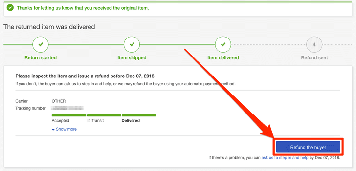 eBayリターンリクエストを閉じる