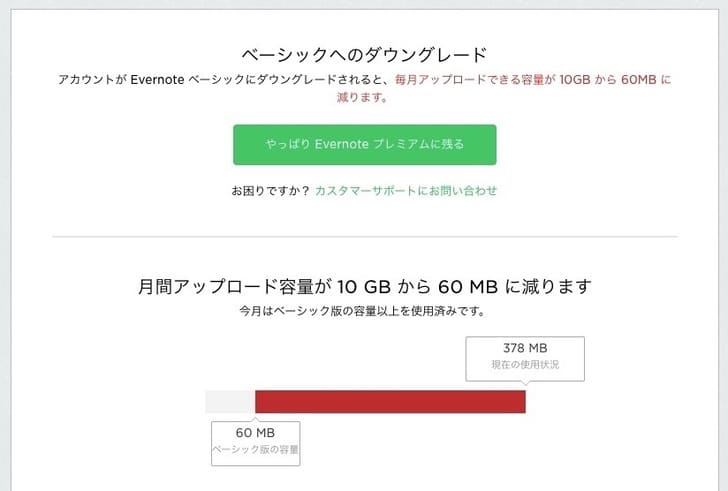 Evernote ベーシックへのダウングレード